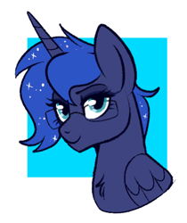 Size: 376x448 | Tagged: safe, alternate version, artist:lulubell, edit, editor:edits of hate, editor:unofficial edits thread, imported from twibooru, princess luna, alicorn, pony, bust, eyeshadow, female, glasses, image, looking at you, makeup, mare, png, smiling, solo