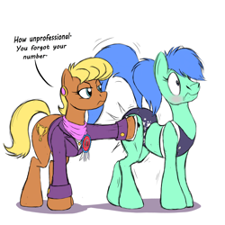 Size: 4096x4096 | Tagged: safe, artist:naivintage, imported from derpibooru, ms. harshwhinny, oc, oc:spearmint, earth pony, pony, blushing, butt smack, butt touch, clothes, crossdressing, female, male, mare, olympics, raised tail, sports bra, sports outfit, sports panties, stallion, tail