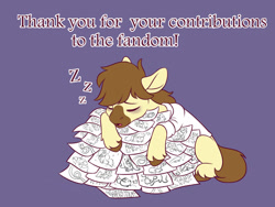 Size: 1280x964 | Tagged: safe, artist:anvalina, imported from derpibooru, oc, oc only, oc:calpain, earth pony, pony, clothes, drawing, lab coat, male, onomatopoeia, paper, purple background, simple background, sleeping, solo, sound effects, stallion, text, zzz