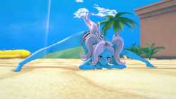 Size: 1366x768 | Tagged: safe, artist:legions20, imported from derpibooru, trixie, anthro, unicorn, 3d, alternate hairstyle, babysitter trixie, beach, bikini, clothes, face down ass up, feet, hoodie, jack-o challenge, jacko challenge, koikatsu, legs, meme, pigtails, swimsuit