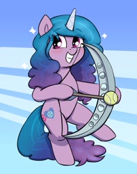 Size: 1617x2052 | Tagged: safe, artist:heretichesh, imported from derpibooru, izzy moonbow, pony, unicorn, abstract background, arrow, ball, bipedal, blushing, bow (weapon), bow and arrow, dexterous hooves, eye clipping through hair, eyebrows, eyebrows visible through hair, female, g5, grin, hoof hold, izzy diana moonbow, izzy's tennis ball, mare, name pun, pun, smiling, solo, standing, standing on one leg, tennis ball, visual pun, weapon