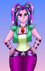 Size: 1400x2200 | Tagged: safe, artist:zachc, imported from derpibooru, aria blaze, equestria girls, clothes, female, gem, gradient background, hand on hip, looking at you, pigtails, siren gem, solo