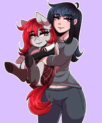 Size: 1568x1904 | Tagged: safe, artist:black magic, imported from derpibooru, oc, oc only, oc:ketsueki shēdo, human, pony, clothes, holding a pony, hug, human and pony, school uniform, socks