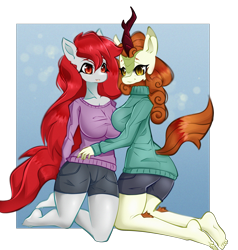 Size: 2731x2867 | Tagged: safe, artist:kamushek228, imported from derpibooru, autumn blaze, oc, oc:ketsueki shēdo, anthro, kirin, barefoot, canon x oc, clothes, denim shorts, feet, high res, shorts, sweater