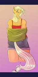 Size: 1080x2160 | Tagged: safe, artist:unfinishedheckery, imported from derpibooru, applejack, anthro, earth pony, ass, butt, clothes, digital art, female, looking at you, looking back, looking back at you, shirt, shorts, simple background, smiling, smiling at you, solo, tail, thighs, undressing