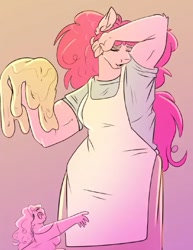 Size: 973x1263 | Tagged: safe, artist:unfinishedheckery, imported from derpibooru, pinkie pie, anthro, earth pony, human, apron, clothes, digital art, eyes closed, female, milf, open mouth, shirt, simple background, solo, tail, thighs