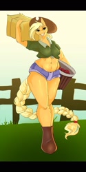 Size: 1080x2160 | Tagged: safe, artist:unfinishedheckery, imported from derpibooru, applejack, anthro, earth pony, unguligrade anthro, apple, belly button, boots, breasts, bucket, busty applejack, clothes, cowboy hat, cowgirl, cowgirl outfit, daisy dukes, digital art, female, food, hat, hay bale, looking at you, shirt, shoes, shorts, smiling, smiling at you, solo, tail, thighs, wide hips