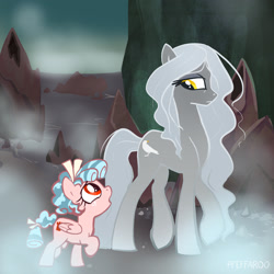 Size: 2048x2048 | Tagged: safe, artist:pfeffaroo, imported from derpibooru, cozy glow, oc, oc:grimaire, earth pony, pegasus, pony, duo, duo female, earth pony oc, female, filly, frown, high res, looking at each other, mare, open mouth, raised hoof