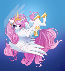 Size: 4126x4500 | Tagged: safe, artist:opalacorn, imported from derpibooru, princess celestia, alicorn, pony, absurd file size, absurd resolution, chest fluff, cute, cutelestia, dock, female, gradient background, lidded eyes, looking at you, mare, pink-mane celestia, smiling, smiling at you, solo, spread wings, wings