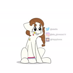 Size: 2048x2048 | Tagged: safe, artist:isisgio, imported from derpibooru, oc, oc:ari, pony, band, braces, dimples, heart, high res, instagram, meta, ponytail, simple background, smiley face, smiling, spanish description, stars, sticker, twitter, white background