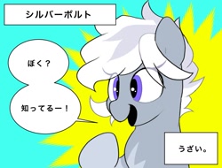 Size: 1353x1027 | Tagged: safe, artist:mochi_nation, imported from derpibooru, oc, oc only, oc:silver bolt, earth pony, pony, bust, dialogue, female, japanese, mare, solo, speech bubble