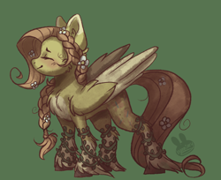 Size: 1882x1536 | Tagged: safe, artist:bunniary, imported from derpibooru, fluttershy, pegasus, pony, blushing, braid, chest fluff, cute, eyes closed, female, flower, flower in hair, green background, ivy (plant), mare, shyabetes, simple background, solo, unshorn fetlocks