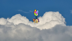 Size: 1024x576 | Tagged: safe, artist:paperbagpony, imported from derpibooru, pinkie pie, oc, oc only, oc:paper bag, pony, balloon, cloud, floating, oh dear, paper bag, then watch her balloons lift her up to the sky