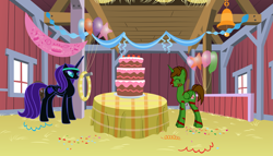 Size: 3237x1853 | Tagged: safe, artist:90sigma, artist:elfmoon3, artist:generalzoi, imported from derpibooru, oc, oc only, oc:nyx, alicorn, pony, party of one, the last roundup, alicorn oc, barn, birthday, birthday cake, cake, duo, food, horn, wings