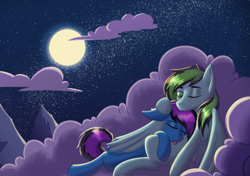 Size: 1090x766 | Tagged: artist needed, safe, imported from derpibooru, oc, oc only, oc:weo, pegasus, pony, cloud, moon, night, on a cloud, snuggling