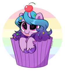 Size: 3049x3404 | Tagged: safe, artist:kittyrosie, imported from derpibooru, izzy moonbow, pony, unicorn, :p, blushing, cherry, cupcake, cute, female, food, g5, heart eyes, high res, horn, horn impalement, izzy impaling things, izzybetes, kittyrosie is trying to murder us, mare, solo, tongue out, unshorn fetlocks, wingding eyes