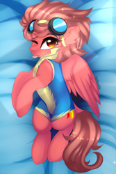 Size: 2934x4400 | Tagged: safe, artist:2pandita, imported from derpibooru, oc, oc only, oc:fast fire, pegasus, pony, body pillow, body pillow design, clothes, female, goggles, mare, solo, tongue out, uniform, wonderbolt trainee uniform