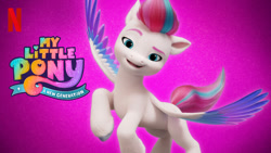 Size: 665x374 | Tagged: safe, imported from derpibooru, zipp storm, pegasus, pony, abstract background, female, g5, looking at you, mare, my little pony: a new generation, my little pony: a new generation logo, netflix, netflix logo, official, smiling, smiling at you, solo, spread wings, unshorn fetlocks, wings