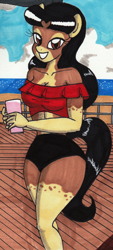 Size: 1664x3667 | Tagged: safe, artist:newyorkx3, edit, imported from derpibooru, oc, oc only, oc:crystal, anthro, earth pony, anthro oc, beach, breasts, cleavage, clothes, cropped, drink, female, grin, looking at you, mare, off shoulder, sand, smiling, smiling at you, solo, swimsuit, traditional art