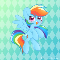 Size: 2600x2620 | Tagged: safe, artist:ninnydraws, imported from derpibooru, rainbow dash, pegasus, pony, cute, dashabetes, flying, high res, looking at you, open mouth, smiling, solo, spread wings, wings