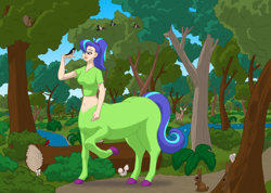 Size: 2056x1466 | Tagged: safe, artist:runningtoaster, imported from derpibooru, oc, oc only, oc:chafine, bird, centaur, human, taur, centaurified, clothes, colored, female, forest, humanized, log, river, solo, species swap, tree