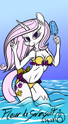 Size: 585x1058 | Tagged: safe, artist:sepiakeys, imported from derpibooru, fleur-de-lis, anthro, bikini, clothes, food, popsicle, solo, swimsuit, water