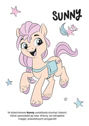 Size: 500x707 | Tagged: safe, imported from derpibooru, sunny starscout, earth pony, pony, bag, book, cutie mark, female, g5, mare, my little pony: a new generation, official, polish, satchel, solo, stars, text