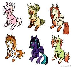 Size: 1950x1800 | Tagged: safe, artist:misskanabelle, imported from derpibooru, oc, oc only, alicorn, earth pony, pegasus, pony, unicorn, alicorn oc, chest fluff, earth pony oc, female, horn, mare, pegasus oc, signature, simple background, transparent background, unicorn oc, wings