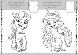 Size: 500x354 | Tagged: safe, imported from derpibooru, izzy moonbow, sunny starscout, earth pony, pony, unicorn, spoiler:g5, black and white, book, coloring book, coloring page, duo, female, g5, grayscale, mare, monochrome, official, polish, text, translated in the description