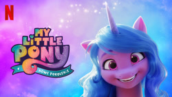 Size: 1280x720 | Tagged: safe, imported from derpibooru, izzy moonbow, pony, unicorn, abstract background, g5, looking at you, my little pony: a new generation, my little pony: a new generation logo, netflix, netflix logo, polish, smiling, smiling at you