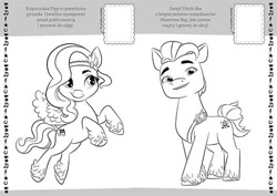 Size: 500x354 | Tagged: safe, imported from derpibooru, hitch trailblazer, pipp petals, earth pony, pegasus, pony, spoiler:g5, black and white, book, coloring book, coloring page, duo, female, g5, grayscale, male, mare, monochrome, official, polish, stallion, text, translated in the description