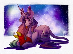 Size: 2048x1536 | Tagged: safe, artist:artfestation, imported from derpibooru, oc, oc only, bat, fruit bat, pony, unicorn, :p, duo, female, leonine tail, lying down, mare, prone, signature, stars, tongue out