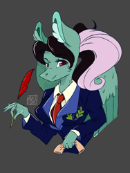 Size: 1536x2048 | Tagged: safe, artist:artfestation, imported from derpibooru, oc, oc only, anthro, pegasus, clothes, dark background, ear fluff, female, mare, necktie, pegasus oc, quill, scroll, signature, suit, two toned wings, wings