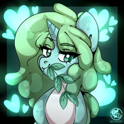 Size: 2160x2160 | Tagged: safe, artist:batavern, imported from derpibooru, oc, oc:mintya, goo, goo pony, original species, food, heart, herbivore, high res, jelly, looking at you, mint, mouth hold