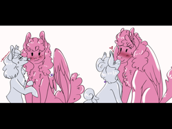 Size: 2048x1536 | Tagged: safe, artist:artfestation, imported from derpibooru, cloudy quartz, oc, earth pony, pegasus, pony, blushing, canon x oc, chest fluff, female, heart, kissing, lesbian, limited palette, simple background, white background, wings