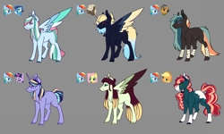Size: 2500x1500 | Tagged: safe, artist:artfestation, imported from derpibooru, applejack, dumbbell, quibble pants, rainbow dash, soarin', oc, earth pony, pegasus, pony, unicorn, earth pony oc, gray background, horn, magical lesbian spawn, multicolored hair, offspring, parent:applejack, parent:dumbbell, parent:fluttershy, parent:quibble pants, parent:rainbow dash, parent:soarin', parent:twilight sparkle, parents:appledash, parents:dumbdash, parents:flutterdash, parents:quibbledash, parents:soarindash, parents:twidash, pegasus oc, rainbow hair, simple background, two toned wings, unicorn oc, wings