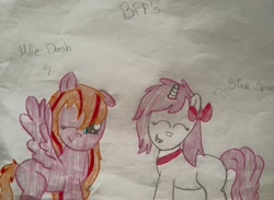 Size: 960x702 | Tagged: safe, artist:millefaller, imported from derpibooru, oc, oc only, pegasus, pony, unicorn, bow, choker, duo, eyes closed, grin, hair bow, horn, one eye closed, pegasus oc, smiling, traditional art, unicorn oc, wings, wink