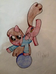 Size: 720x960 | Tagged: safe, artist:millefaller, imported from derpibooru, pegasus, pony, :p, balancing, ball, clothes, female, gravity falls, mabel pines, mare, ponified, solo, tongue out, traditional art, wings