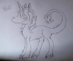 Size: 960x806 | Tagged: safe, artist:millefaller, imported from derpibooru, oc, oc only, oc:bill, pony, unicorn, horn, leonine tail, lineart, smiling, solo, traditional art, unicorn oc, unshorn fetlocks