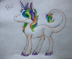 Size: 960x792 | Tagged: safe, alternate version, artist:millefaller, imported from derpibooru, oc, oc only, oc:bill, pony, unicorn, colored, horn, leonine tail, smiling, solo, traditional art, unicorn oc, unshorn fetlocks