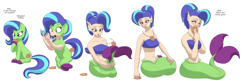 Size: 3844x1250 | Tagged: safe, artist:runningtoaster, imported from derpibooru, oc, oc only, oc:chafine, earth pony, mermaid, bikini, bikini top, clothes, cookie, earth pony oc, food, mermaidized, pony to human, simple background, sitting, species swap, surprised, swimsuit, transformation, transformation sequence, white background