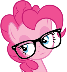 Size: 2543x2715 | Tagged: safe, artist:slb94, edit, imported from derpibooru, pinkie pie, earth pony, pony, hearthbreakers, bust, eyeroll, female, frown, glasses, high res, hipster glasses, reaction image, simple background, solo, unamused, when she doesn't smile