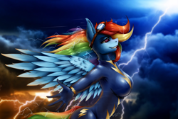 Size: 1080x724 | Tagged: safe, artist:shamziwhite, imported from derpibooru, rainbow dash, anthro, pegasus, bodysuit, breasts, busty rainbow dash, clothes, feather, female, goggles, grin, latex, latex suit, lightning, long hair, sky, smiling, solo, spread wings, standing, thunder, uniform, wind, wings, wonderbolts uniform