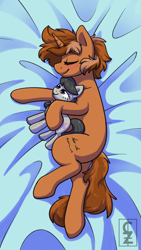 Size: 2160x3840 | Tagged: safe, artist:cleoziep, imported from derpibooru, octavia melody, oc, oc only, oc:sign, pony, unicorn, bedsheets, blushing, eyes closed, female, high res, plushie, sleeping, solo