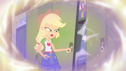 Size: 3410x1920 | Tagged: safe, imported from derpibooru, screencap, applejack, equestria girls, equestria girls series, overpowered (equestria girls), applejack's hat, belt, clothes, cowboy hat, cutie mark, cutie mark on clothes, denim skirt, female, geode of super strength, hat, high res, jewelry, lockers, magical geodes, necklace, open mouth, skirt, solo