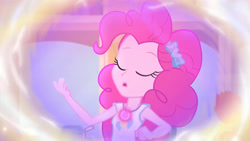 Size: 3410x1920 | Tagged: safe, imported from derpibooru, screencap, pinkie pie, equestria girls, equestria girls series, overpowered (equestria girls), clothes, cutie mark, cutie mark on clothes, eyes closed, female, geode of sugar bombs, high res, jewelry, magical geodes, necklace, open mouth, solo, tanktop