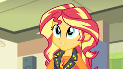 Size: 3410x1920 | Tagged: safe, imported from derpibooru, screencap, sunset shimmer, equestria girls, equestria girls series, overpowered (equestria girls), clothes, cutie mark, cutie mark on clothes, female, geode of empathy, high res, jacket, jewelry, leather, leather jacket, magical geodes, necklace, solo