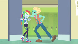 Size: 3410x1920 | Tagged: safe, imported from derpibooru, screencap, rainbow dash, zephyr breeze, equestria girls, equestria girls series, overpowered (equestria girls), ankles, clothes, converse, cutie mark, cutie mark on clothes, eyes closed, female, geode of super speed, high res, hoodie, jewelry, lockers, magical geodes, male, necklace, open mouth, shoes, sneakers