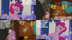 Size: 1280x720 | Tagged: safe, edit, edited screencap, editor:quoterific, imported from derpibooru, screencap, pinkie pie, prince rutherford, earth pony, pony, yak, not asking for trouble, season 7, 17, bipedal, female, male, mare, mouth hold, open mouth, smug, smugpie, twilight's castle