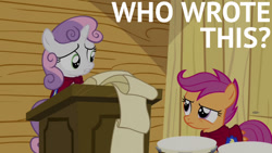 Size: 1280x720 | Tagged: safe, edit, edited screencap, editor:quoterific, imported from derpibooru, screencap, scootaloo, sweetie belle, pegasus, pony, unicorn, one bad apple, season 3, cape, caption, clothes, clubhouse, cmc cape, crusaders clubhouse, female, filly, looking at each other, text